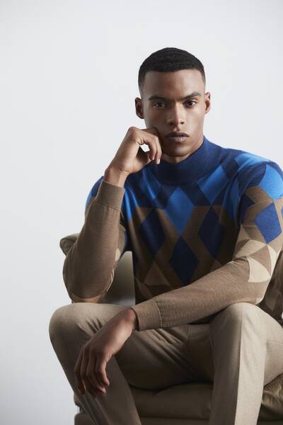 Extrafine Merino Desen Lupetto Yaka Tütün Rengi Triko