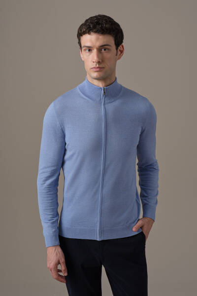 Extrafine Merino Fermuarlı Açık Mavi Triko Hırka