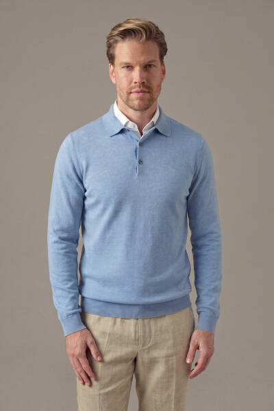 Extrafine Merino Gök Mavi 3 Düğme Polo Triko - Hemington