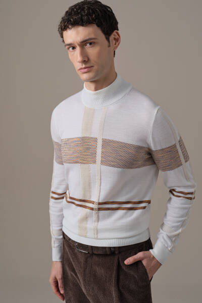 Extrafine Merino Lupetto Yaka Tartan Desen Ekru Triko - Hemington