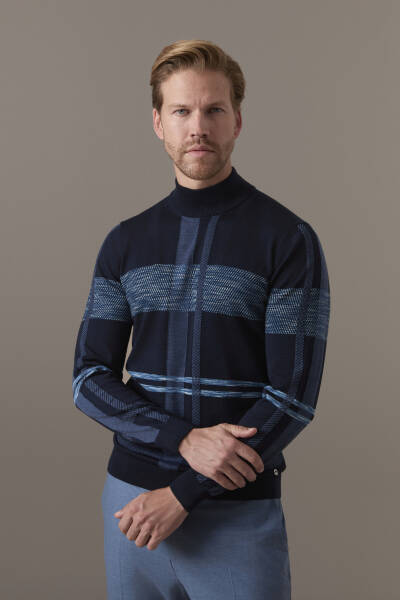 Extrafine Merino Lupetto Yaka Tartan Desen Lacivert Triko - Hemington