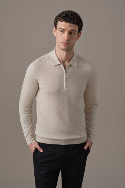 Extrafine Merino Mini Argyle Desen Bej Fermuarlı Polo Triko