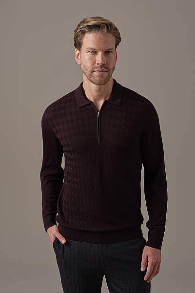 Extrafine Merino Mini Argyle Desen Bordo Fermuarlı Polo Triko - Hemington