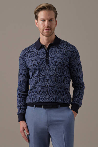 Extrafine Merino Paisley Desen Lacivert Polo Triko