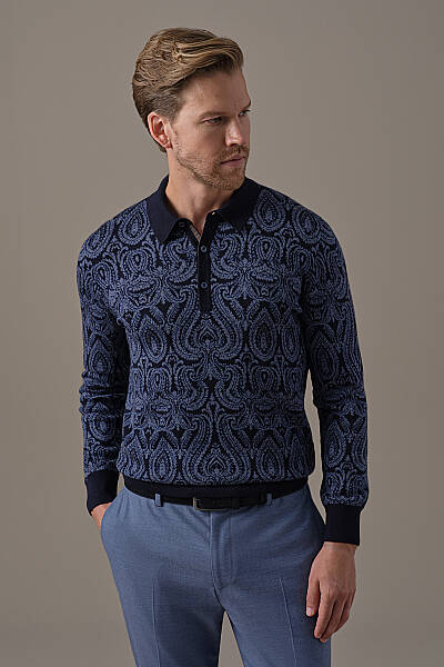 Extrafine Merino Paisley Desen Lacivert Polo Triko - Hemington
