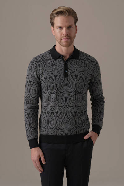Extrafine Merino Paisley Desen Siyah Polo Triko - Hemington