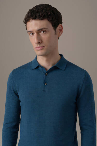 Extrafine Merino Petrol Mavisi 3 Düğme Polo Triko - Hemington