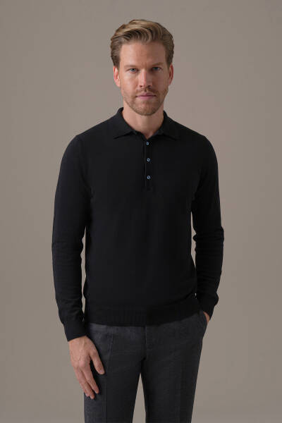 Extrafine Merino Polo Yaka Siyah Triko - Hemington