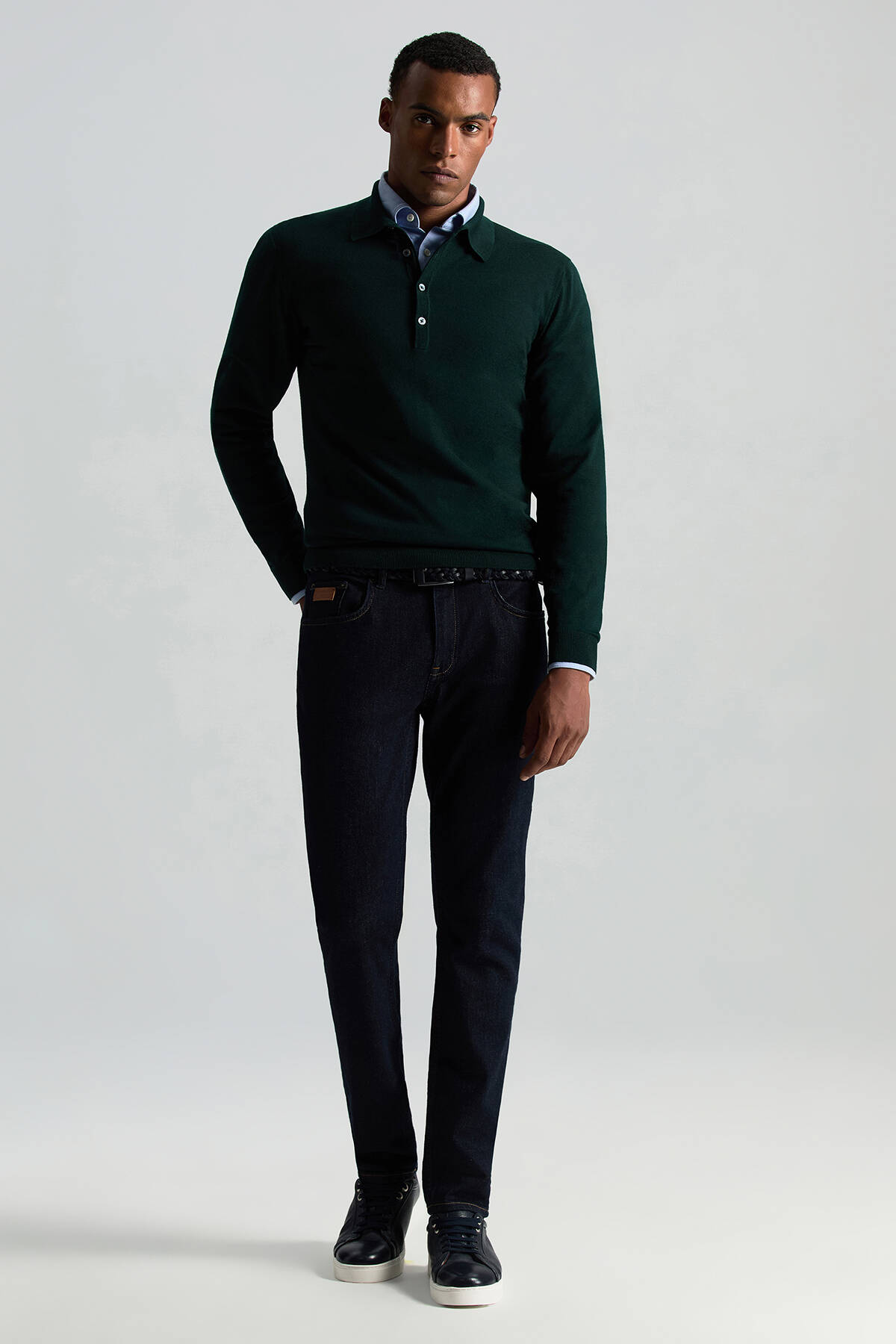 Extrafine Merino Polo Yaka Zümrüt Yeşili Triko