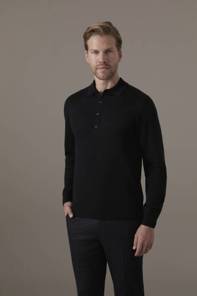 Extrafine Merino Siyah 3 Düğme Polo Triko - Hemington