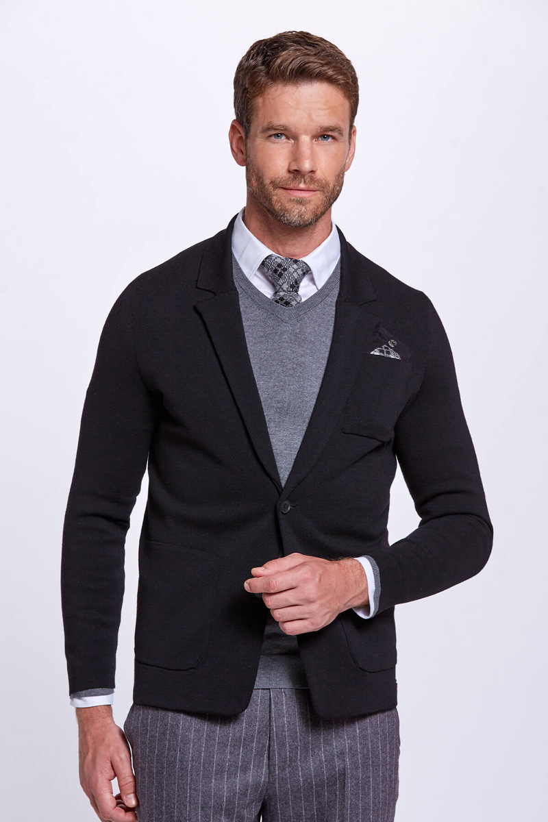 Hemington Extrafine Merino Triko Blazer Siyah Ceket. 1