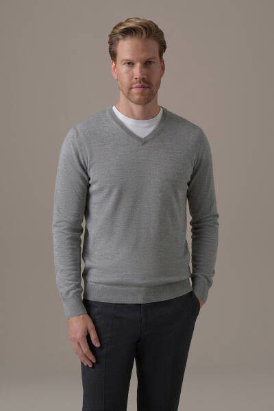 Extrafine Merino V Yaka Açık Gri Triko - Hemington