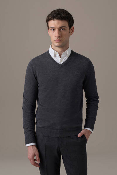 Extrafine Merino V Yaka Antrasit Triko - Hemington