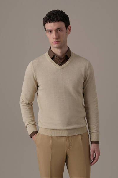 Extrafine Merino V Yaka Bej Triko - Hemington