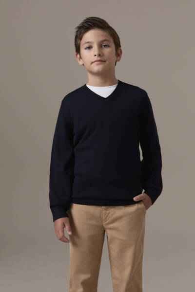 Extrafine Merino V Yaka Lacivert Çocuk Triko - Hemington
