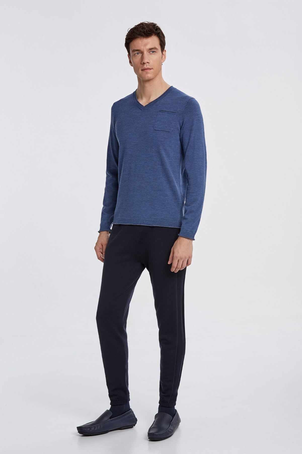 Extrafine Merino V Yaka Mavi Loungewear Triko