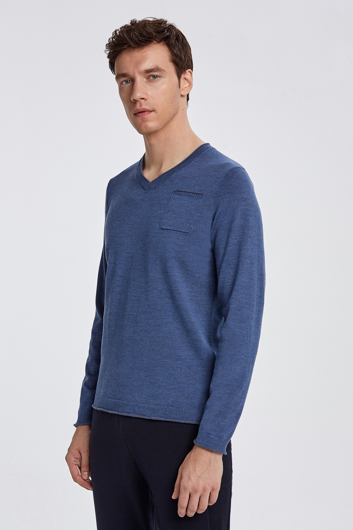 Extrafine Merino V Yaka Mavi Loungewear Triko