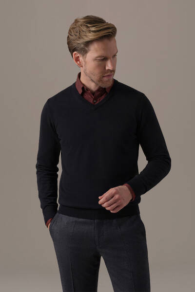 Extrafine Merino V Yaka Siyah Triko