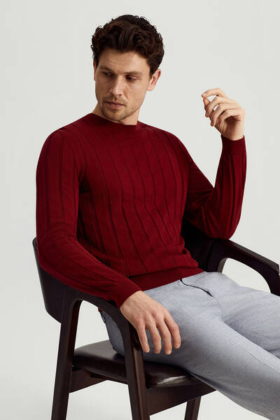 Extrafine Merino Yün-Pamuk Karışım Desenli Bordo Triko - Hemington