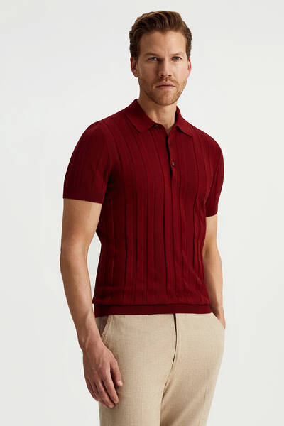Extrafine Merino Yün-Pamuk Karışım Üç Düğme Bordo Triko Polo - Hemington