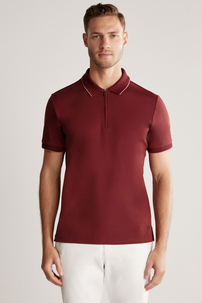 Fermuar Detaylı Bordo Polo Yaka T-Shirt