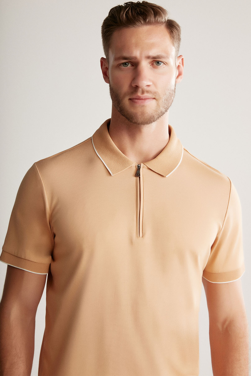 Hemington Fermuar Detaylı Kum Rengi Polo Yaka T-Shirt. 1
