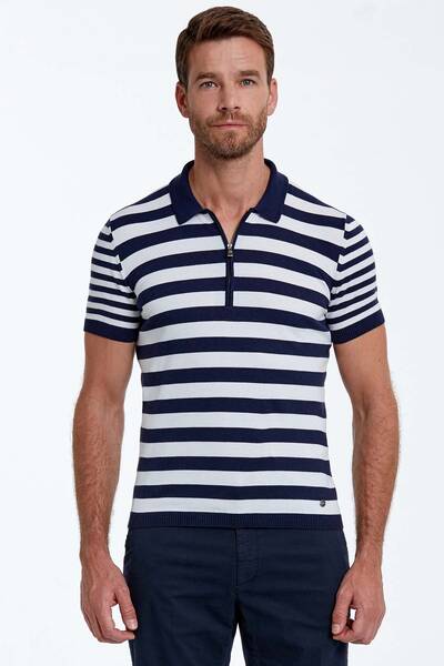 Hemington - Fermuar Detaylı Lacivert Çizgili Saf Pamuk Triko Polo
