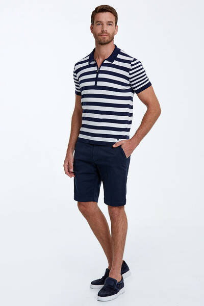 Hemington - Fermuar Detaylı Lacivert Çizgili Saf Pamuk Triko Polo (1)