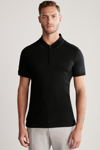Fermuar Detaylı Siyah Polo Yaka T-Shirt
