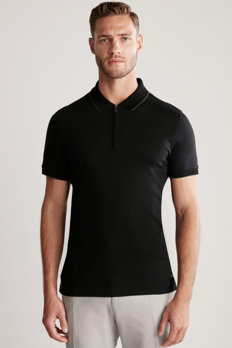 Hemington Fermuar Detaylı Siyah Polo Yaka T-Shirt. 1