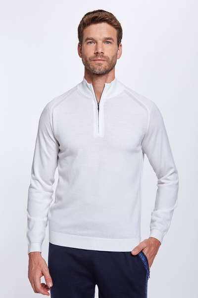 Fermuarlı Merino Yün Ekru Activewear Triko