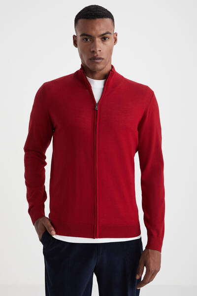 Extrafine Merino Fermuarlı Kırmızı Triko Hırka