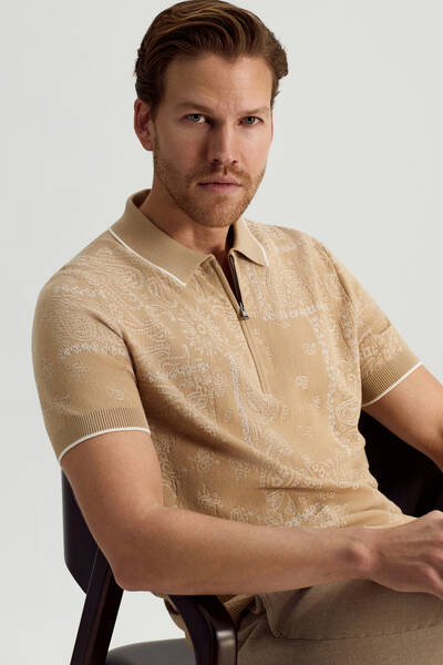 Giza Pamuk Paisley Desen Bej Triko Polo - Hemington