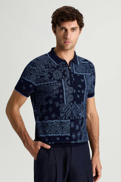 Giza Pamuk Paisley Desen Lacivert-Mavi Triko Polo - Hemington