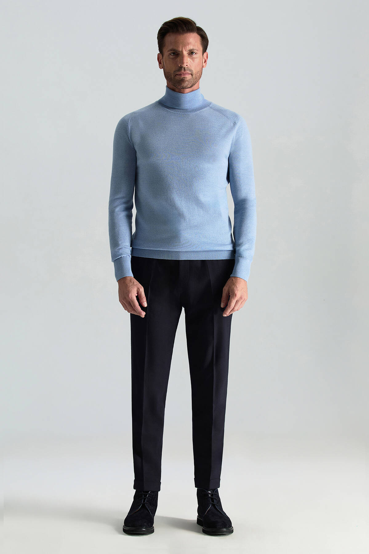 Gök Mavisi Boğazlı Slim Fit Merino Yün Triko