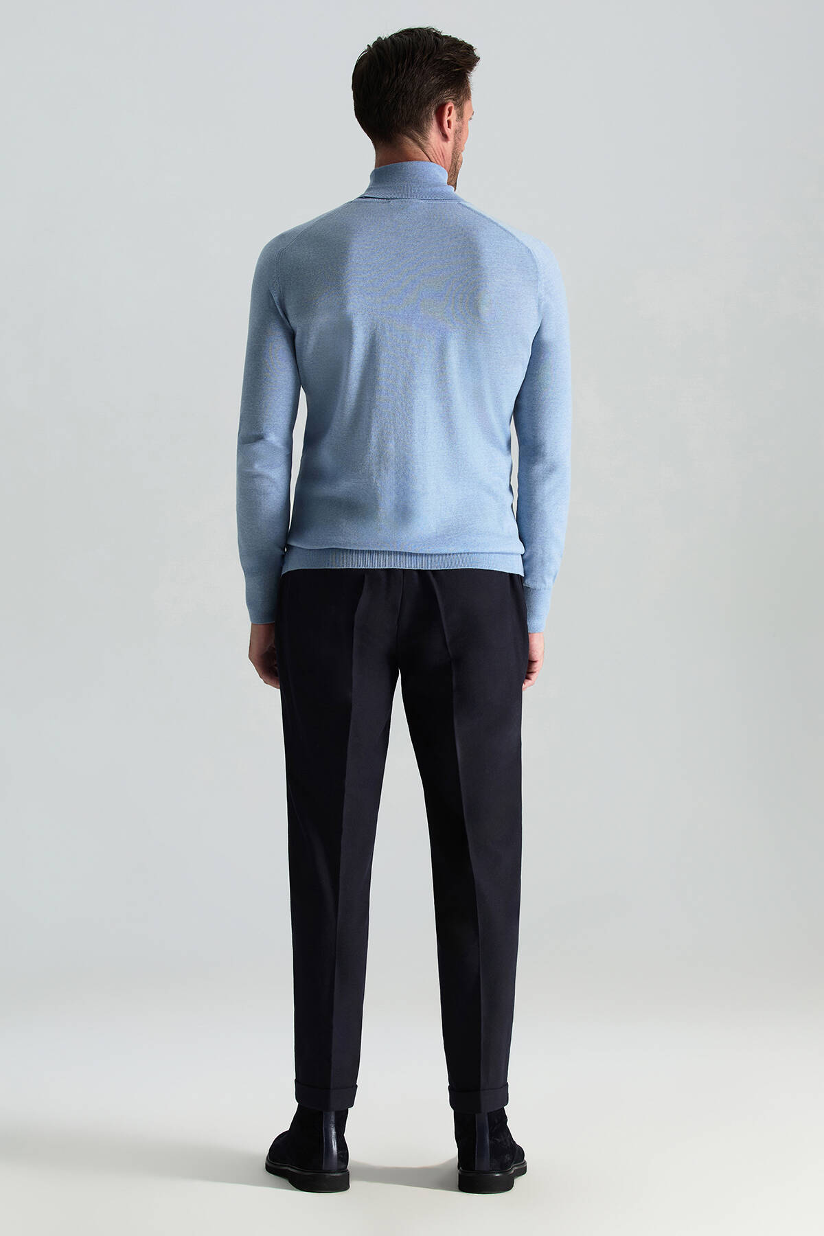Gök Mavisi Boğazlı Slim Fit Merino Yün Triko