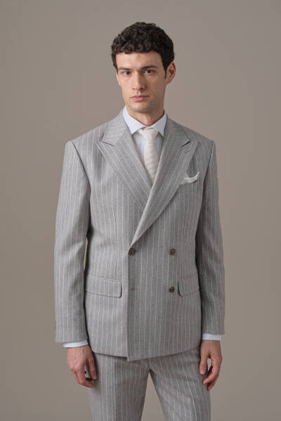 Gri Beyaz Chalkstripe Desen Kruvaze Ceket