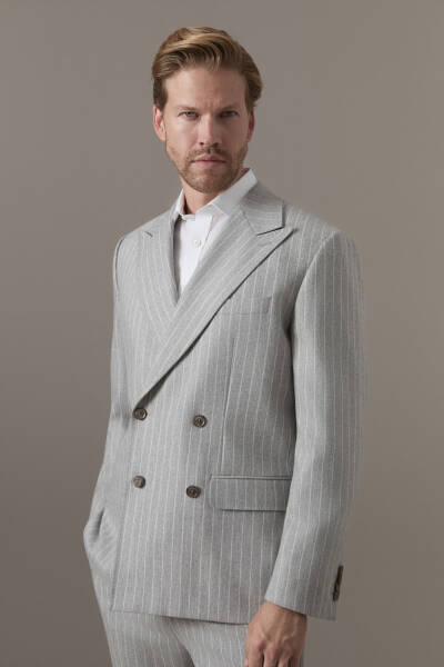 Gri Beyaz Chalkstripe Desen Kruvaze Ceket - Hemington