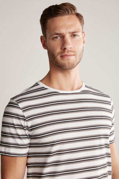 Hemington - Beyaz Gri Çizgili Bisiklet Yaka Saf Pamuk T-Shirt
