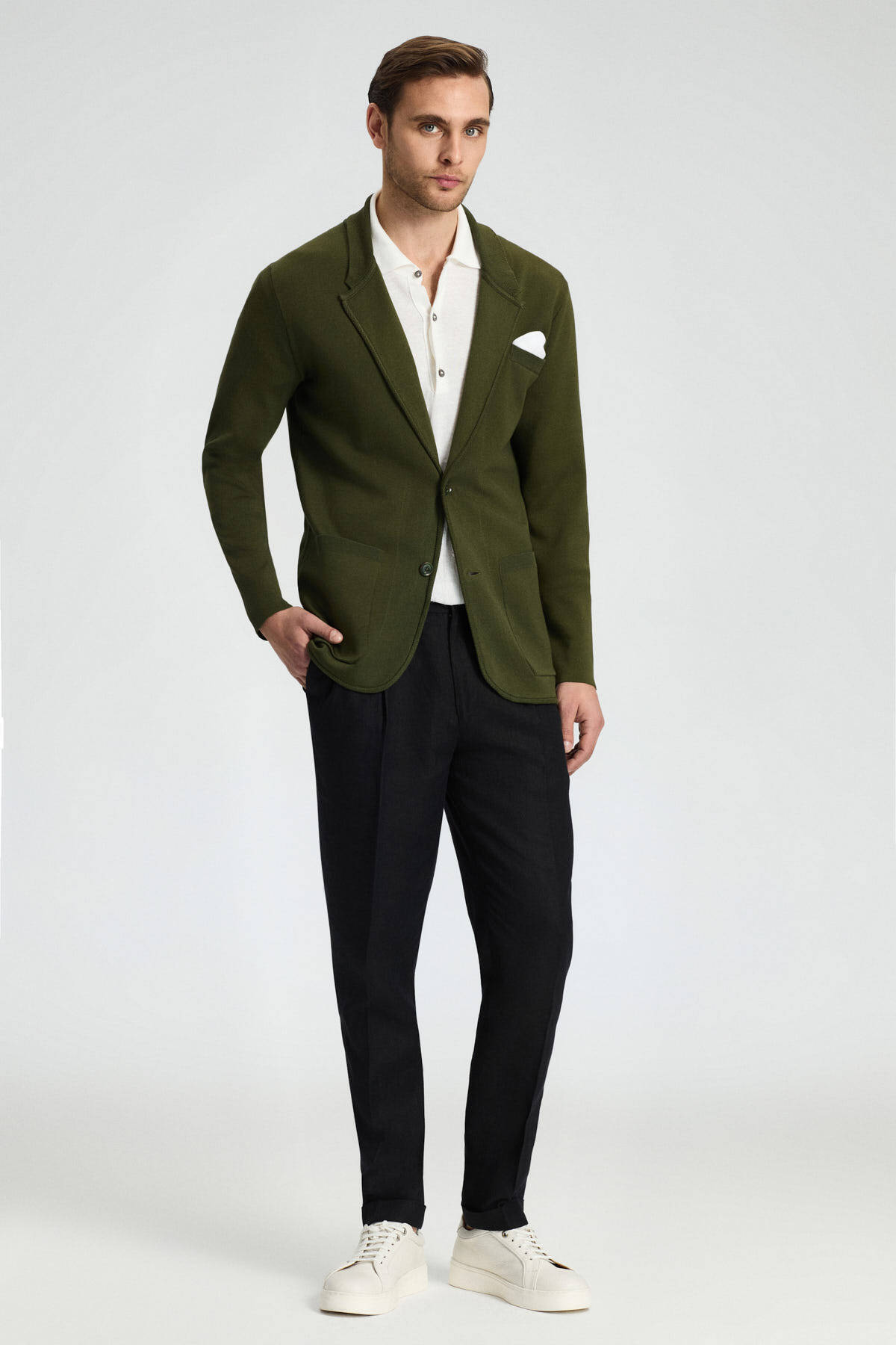Haki Giza Pamuk Triko Blazer Ceket