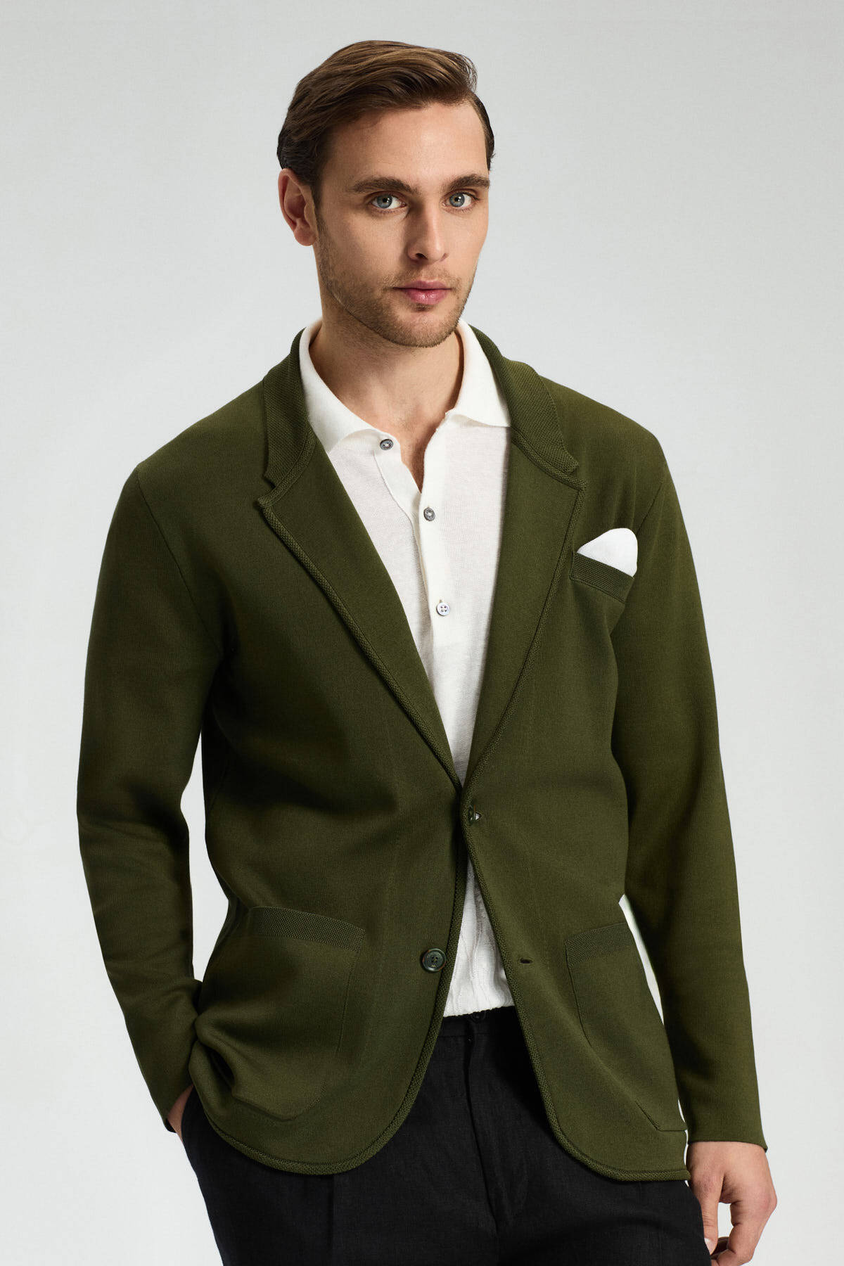 Haki Giza Pamuk Triko Blazer Ceket