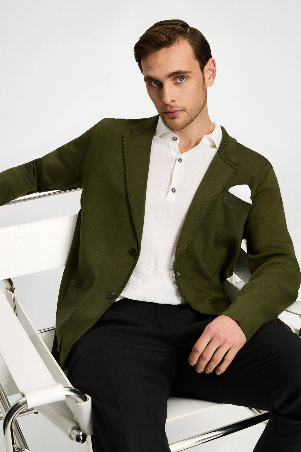 Haki Giza Pamuk Triko Blazer Ceket
