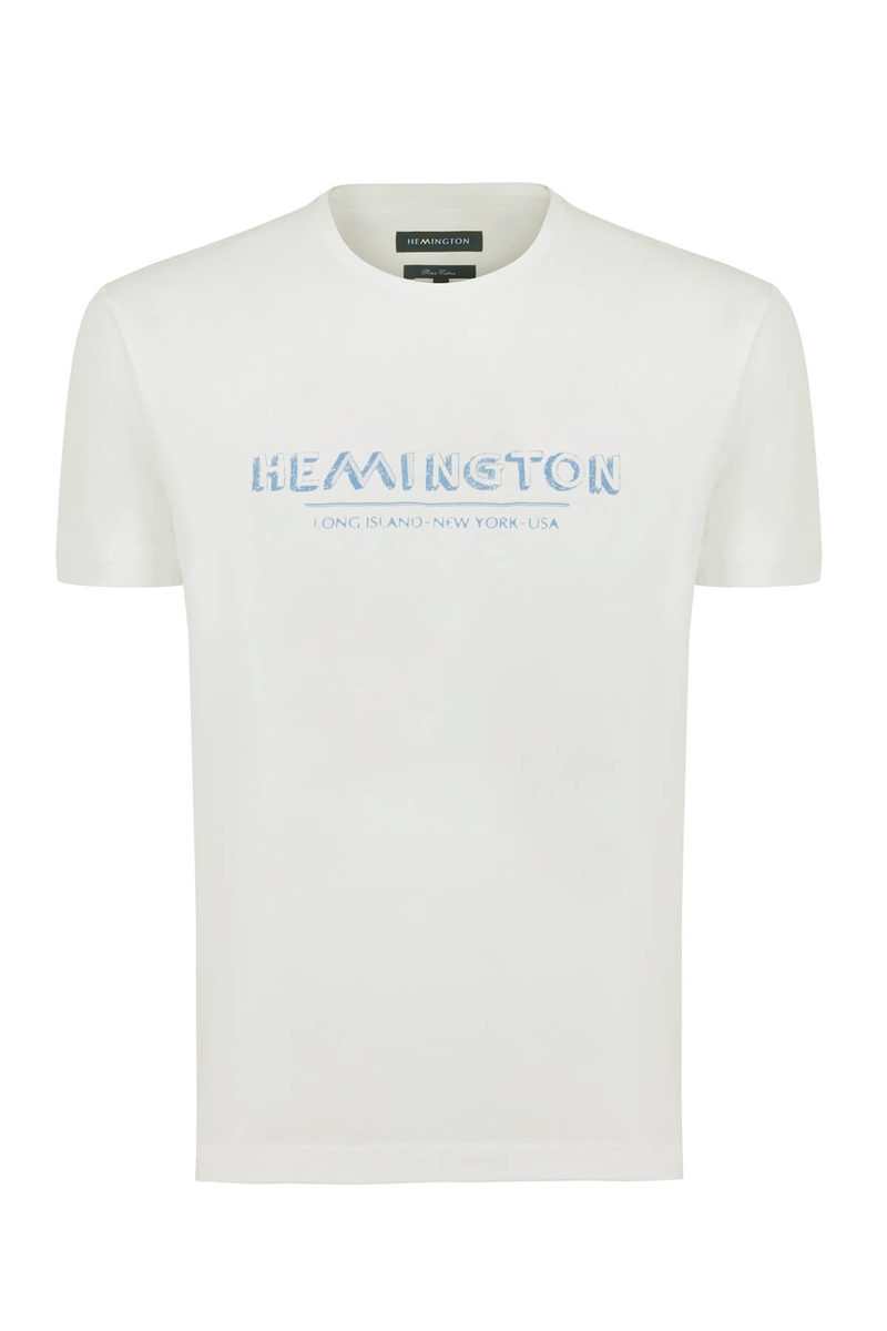 Hemington Baskılı Keten Pamuk Karışımlı Beyaz T-Shirt. 7