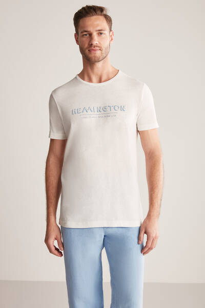 Hemington Baskılı Keten Pamuk Karışım Beyaz T-Shirt - Hemington