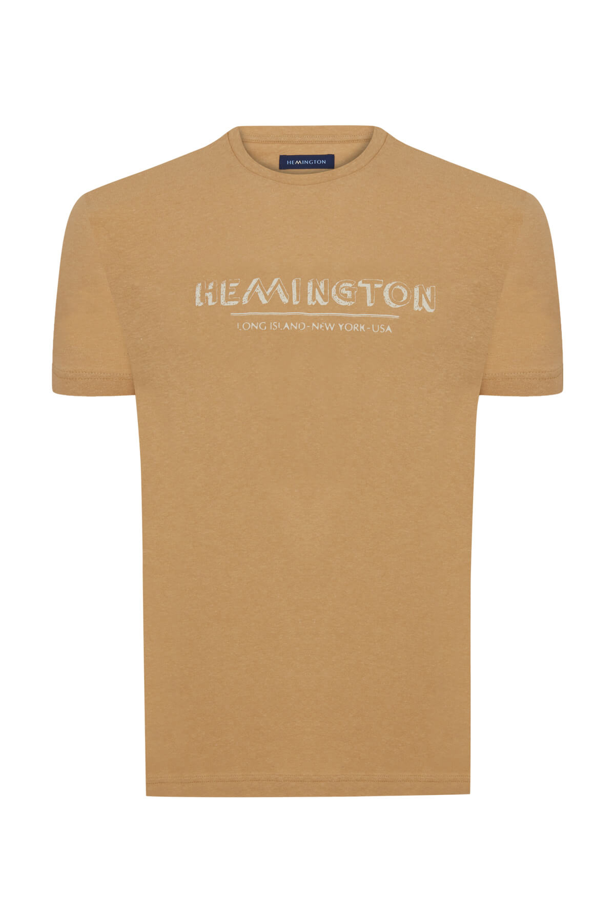 Hemington Baskılı Keten Pamuk Karışımlı Camel T-Shirt