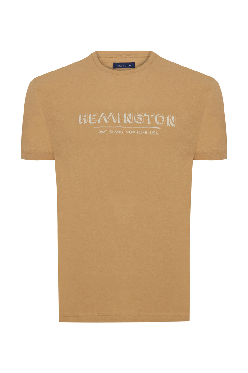 Hemington Baskılı Keten Pamuk Karışımlı Camel T-Shirt. 7