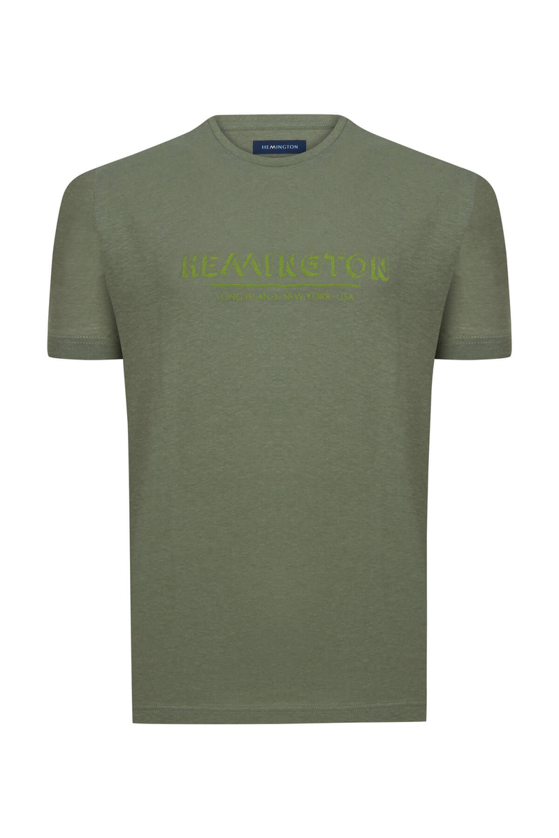Hemington Baskılı Keten Pamuk Karışımlı Haki T-Shirt. 7