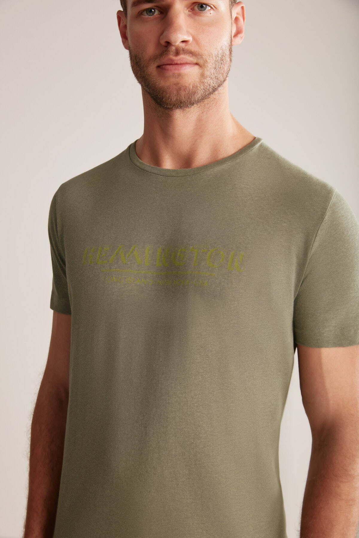 Hemington Baskılı Keten Pamuk Karışımlı Haki T-Shirt