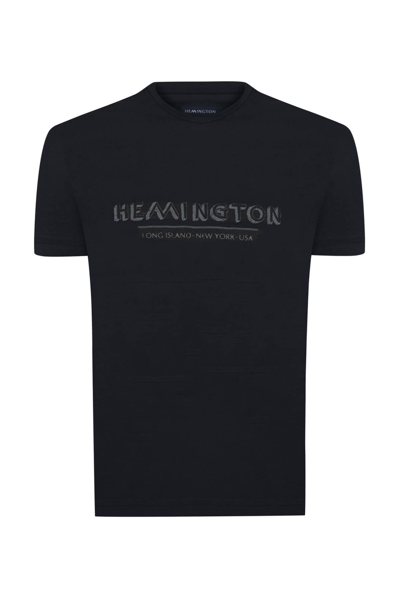 Hemington Baskılı Keten Pamuk Karışımlı Siyah T-Shirt. 8