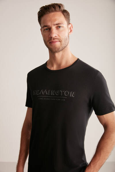 Hemington Baskılı Keten Pamuk Karışım Siyah T-Shirt - Hemington